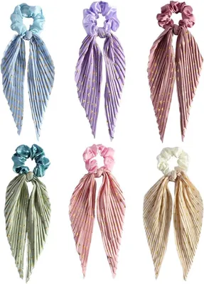 Produktbild von 6 Satin-Haargummis mit Schleife, weiche elastische Haarbänder für Damen und Mädchen | Satin-Scrunchies als Haarschmuck für Frauen und Mädchen