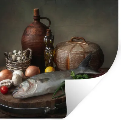 Produktbild von MuchoWow® Wandtattoo Wandsticker Wandaufkleber Rustikal - Fisch - Stilleben - Gemüse - Kräuter 50x50 cm Selbstklebend und Repositionierbar - Selbstklebend - Fototapeten