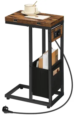 Produktbild von C-förmiger Beistelltisch mit Ladefunktion und USB-Ports - Vintage Braun und Schwarz