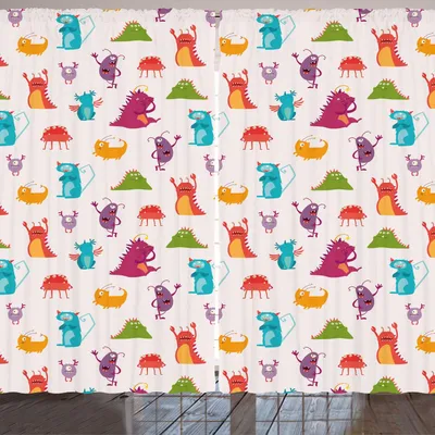 Zdjęcie produktu dla ARANDE Zasłona do przedszkola, zabawne potwory, przerażające postacie, upiorne bestie, dziecięce motywy, ilustracje diabłów, 280 x 225 cm, wielokolorowa