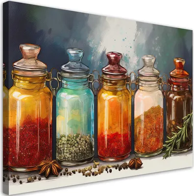 Produktbild von Leinwandbild Gewürze und Kräuter in Flaschen 120x80 Feeby Bunt bild für die wand bereit zum aufhängen