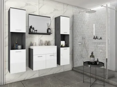 Produktbild von MINIO go for it, Badmöbel, Badezimmer, 4-Teilig Set, "MONAL", mit Waschbecken, Matera / Weiße Farbe