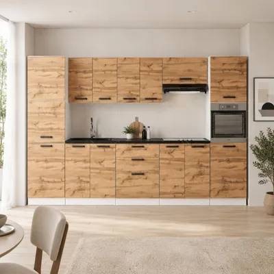 Produktbild von ULWEHOME | Küchenzeile 320 cm Eiche Wotan, Küchenmöbel-Set mit Backofenschrank, Vorratsschrank & geteilten Arbeitsplatten, gesamt 120 cm, KI-generiertes Bild