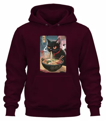 Productafbeelding van Zwarte kat ramen noedelsoep, Japanse kawaii anime kat, uni hoodie, capuchontrui, bordeauxrood, maat M