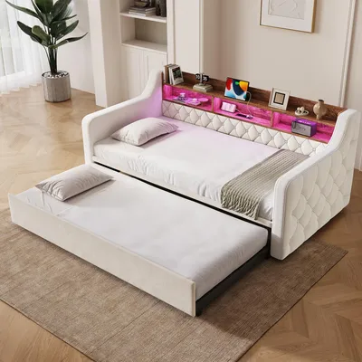 Produktbild von okwish Tagesbett 90×190 mit Stauraumfächern und Ausziehbett, Kinderbett mit LED,USB und Type-C, Funktionsbett in Beige,ohne Matratze