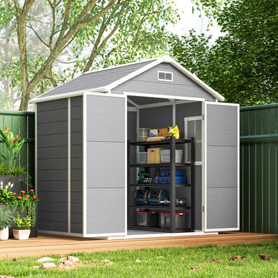 Produktbild von Gartenschuppen, Geräteschuppen mit Boden, verschließbare Türen, Lüftungsöffnungen, Fenster, Holzoptik, Kunststoff, Kunststoff, Aluminium, gartenhaus, gerätehaus