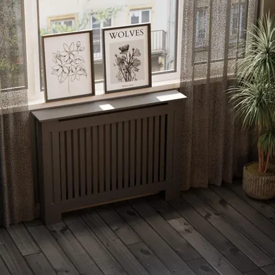 Produktbild von HAGO24 Heizkörperverkleidung Heizungsabdeckung Holz 112x19x82cm Schwarz Landhaus Regalfläche Wandmontage Klassisch