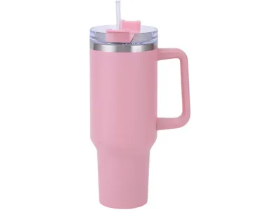 A pink insulated tumbler with a handle and straw, shown against a white background.