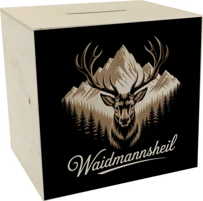 Produktbild von Hirsch vor Bergkulisse Waidmannsheil Spardose aus Holz für Jäger