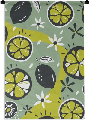 Produktbild von MuchoWow® Wandteppich Wandbehang Sommer - Obst - Blumen - Grau 90x135 cm Tapisserie Dekoration Wandtuch - Baumwolle - Wandskulptur
