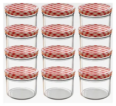 Produktbild von 12 x 230 ml Einmachgläser mit rotem kariertem Schraubdeckel – Ideal für Marmeladen, Konfitüren und mehr, kleine Gläser mit Deckel, geeignet als Mini-Marmeladengläser und Schraubgläser