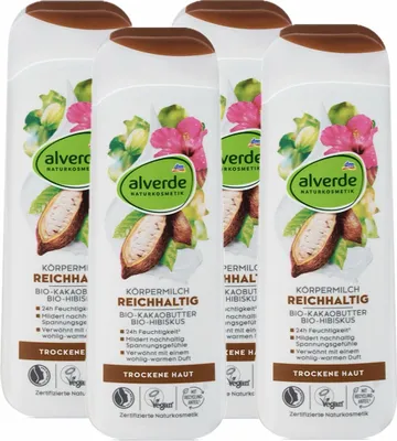 Produktbild von 4 x  alverde Naturkosmetik - Körpermilch - Bio-Kakaobutter & Bio-Hibiskus  (4 x 250 ml)