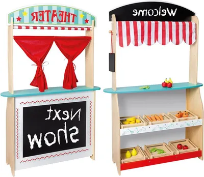 Productafbeelding van Theater en Winkel - Speelset Kinderspeelgoed - Doen alsof - Omkeerbaar ontwerp - 72 x 75 x 49 cm - Houtkleurig