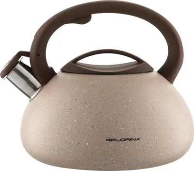 A studio shot of a beige kettle with a speckled pattern and a brown handle.