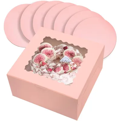 Productafbeelding van Taartdoos met venster - 5 sets, inclusief taartkarton en taartbodems - Roze - 25,4 x 25,4 x 12,7 cm