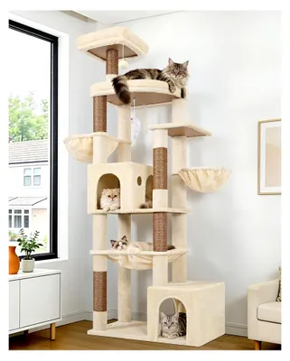 Produktbild von Kratzbaum Beige XXL für große Katzen, 193 cm hoch mit 2 großen Katzenhäusern, extragroßer Hängematte, übergroßer Plattform, Sitzstangen und stabil für schwere Katzen