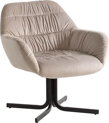 Loungesessel Samt Beige Metallbeine gepolstert mit Armlehnen in Gesamtansicht mit Drehfuß aus schwarzem Metall.