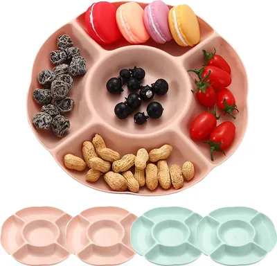 Produktbild von SacJkt Snack-Teller mit 5 Fächern, 4er-Pack Snack-Schalen, Snack-Teller aus Kunststoff, Obstteller, wiederverwendbar, langlebig für Nüsse, Desserts (P