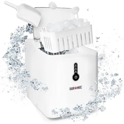 Productafbeelding van IJsblokjesmachine, compacte ijsblokjesmaker met een tank van 1 liter, produceert 8 ijsblokjes in 7 minuten, stille compressor van 54 dB, geschikt voor kamperen en feesten