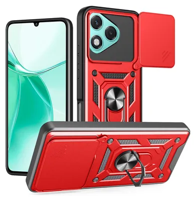 Multiple views of a red and black phone case with a slide camera cover and ring holder, shown next to a phone.