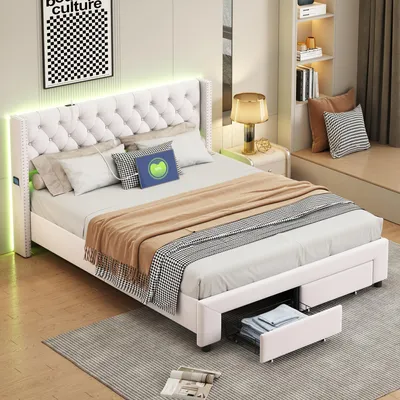 Immagine prodotto di letto 140 x 190 cm con contenitore e illuminazione LED, rete a doghe, letto matrimoniale imbottito con connessione USB, velluto, beige
