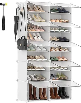 Produktbild von Famanu Schuhregal mit 10 Fächern, schmal, mit Türen, Stahlrahmen, Kunststoff, für Flur, Schlafzimmer, weiß