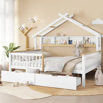 A child's bed with a house-shaped frame, shelves, and storage drawers, decorated with bee-themed wall art.