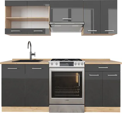 Produktbild von Vicco Küchenzeile R-Line, 200 cm ohne Arbeitsplatte, Anthrazit Hochglanz/Goldkraft Eiche
