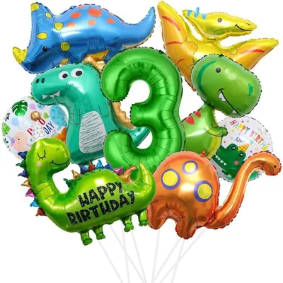 Productafbeelding van XXL set decoraties voor een dinosaurusfeestje, 3 jaar, folieballonnen, jongens, groen, cijferballon "3"