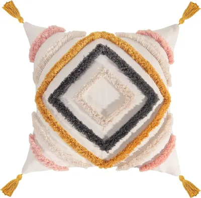 Produktbild von Boho Kissen Beige Deko Baumwolle Dekokissen Marokko getuftete Kissenhülle Kissenbezüge Quaste für Sofa Schlafzimmer Wohnzimmer Nachbildung (45x45cm)