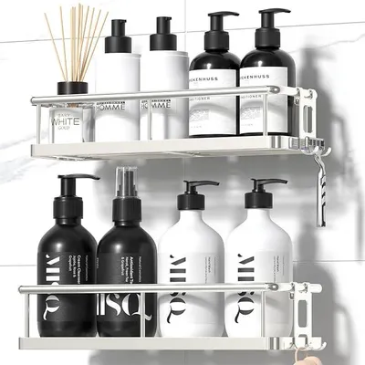 Produktbild von PolkaHome® Wandorganizer für Bad & Dusche – 2-stöckiges Regal ohne Bohren, selbstklebend, Silber, mit Haken, große Kapazität