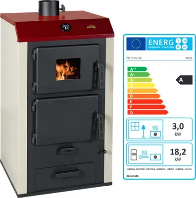 A wood-burning stove with an energy efficiency label.