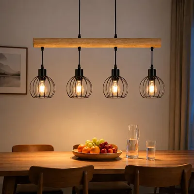 Image de Lampe suspendue ZMH en bois à 4 ampoules  Lampe suspendue pour table à manger, noire, style rétro, lampe de table à manger réglable en hauteur, pour salle à manger, cuisine, salon, bar