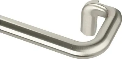 A close-up view of a brushed metal curtain rod with a curved end.