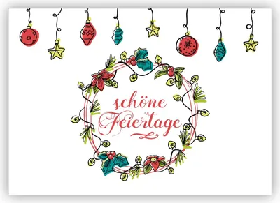 Produktbild von Wunderschöne klassische Weihnachtskarte mit Weihnachtsschmuck und Kranz: schöne Feiertage