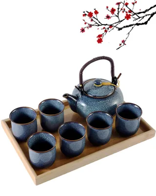 Image de Service à thé japonais en porcelaine, service à thé chinois unique, bleu clair