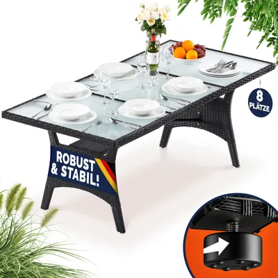 Immagine prodotto di Casaria Tavolo da Giardino in Polyrattan 190x90x74cm con Ripiano in Vetro Altezza Regolabile da Pranzo per Terrazza Esterno