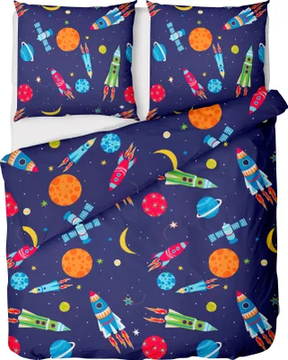 Produktbild von Kinderbettwäsche Renforce 135x200cm, 100% Baumwolle, Navy Blau, Astronaut-Motiv, Reißverschluss, Ganzjährig, Sommer, Kissen 80x80cm