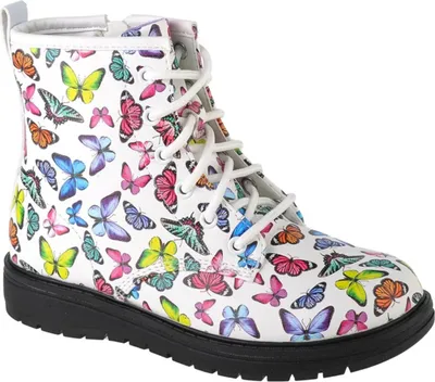 A single white boot with a butterfly print.