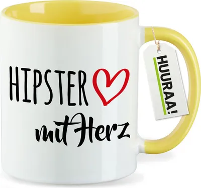 Produktbild von Huuraa Kaffeetasse Hipster mit Herz 330ml Gelb Keramik Kaffeebecher Geschenkidee