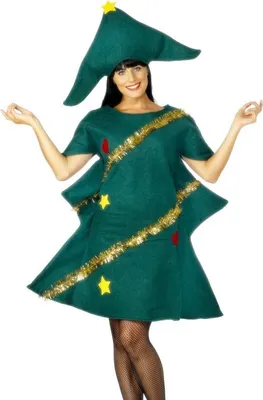A woman wearing a Christmas tree costume.