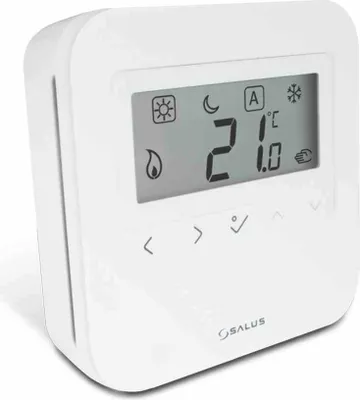 A white digital thermostat is shown against a white background.