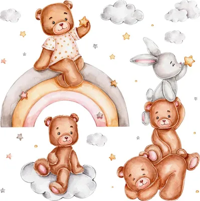 Produktbild von Wandaufkleber Kinderzimmer – Wandsticker für Baby & Kinder – Selbstklebende Wanddekoration – Abnehmbar ohne Rückstände – Deko für Mädchen & Jungen - Teddybären und ein Kaninchen auf einem Regenbogen zwischen pastellfarbenen Sternen60x87 cm