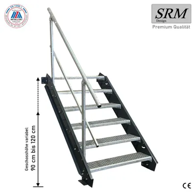 Obrázek produktu pro 6 stupňů ocelové schodiště antracit šířka 130 cm výška podlahy 90 - 120 cm 1x zábradlí