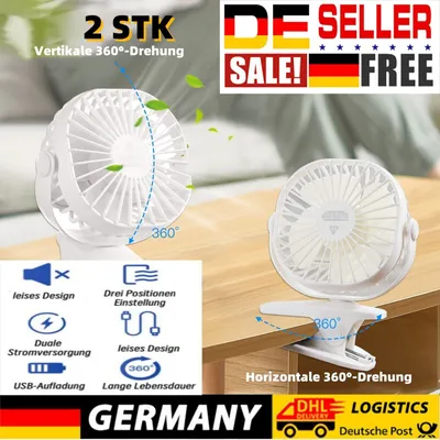Produktbild von 2 STK USB Tischventilator Mini Clip Fan mit Batterie Tisch Lüfter Ventilator