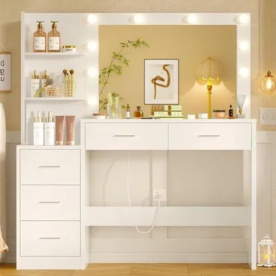 Imagen del producto de Mesa de tocador con espejo - Escritorio para cosméticos - Almacenamiento para maquillaje - Iluminación LED integrada - 5 cajones, 2 estantes - Blanco