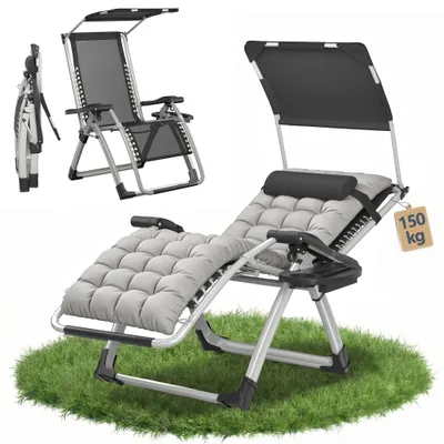 Produktbild von JOIEYOU Relax Liegestuhl klappbar Hellgrau, Gesundheitsliege verstellbar 90–170°, Relaxliege mit Kissen, Tasche, Sonnendach, Saunaliege für Outdoor