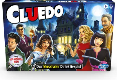 The image shows the front of a Cluedo board game box, featuring characters and a mansion illustration.