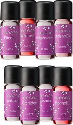 Produktbild von Duftöl Set - Blütenduft - feiner Raumduft - Flieder, Jasmin, Magnolie, Lindenblüte, Maiglöckchen, Orchidee, Veilchen, Rose - Aromaöl für Duftlampe und Diffuser von miaono
