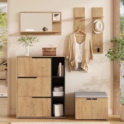 Produktbild von Flieks Flur-Garderoben-Set mit Spiegel, Ablage, Haken, Schuhbank, Schuhschrank-Kombination mit Stauraum, für Flur, Eingangsbereich, Holzoptik+Schwarz